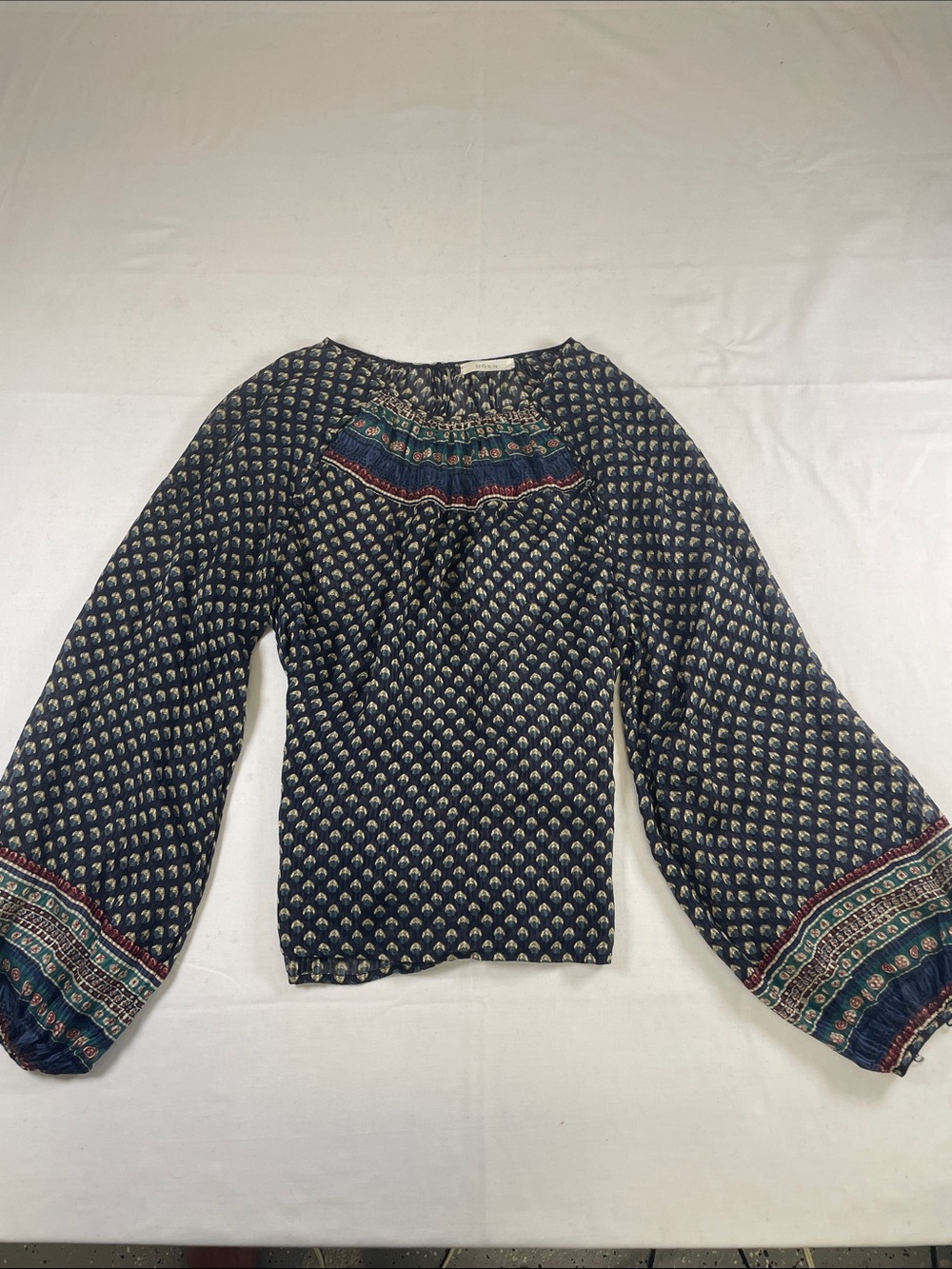Doen Silk Peasant Blouse with Multicolor Yoke Ballon sleeves Sheer L